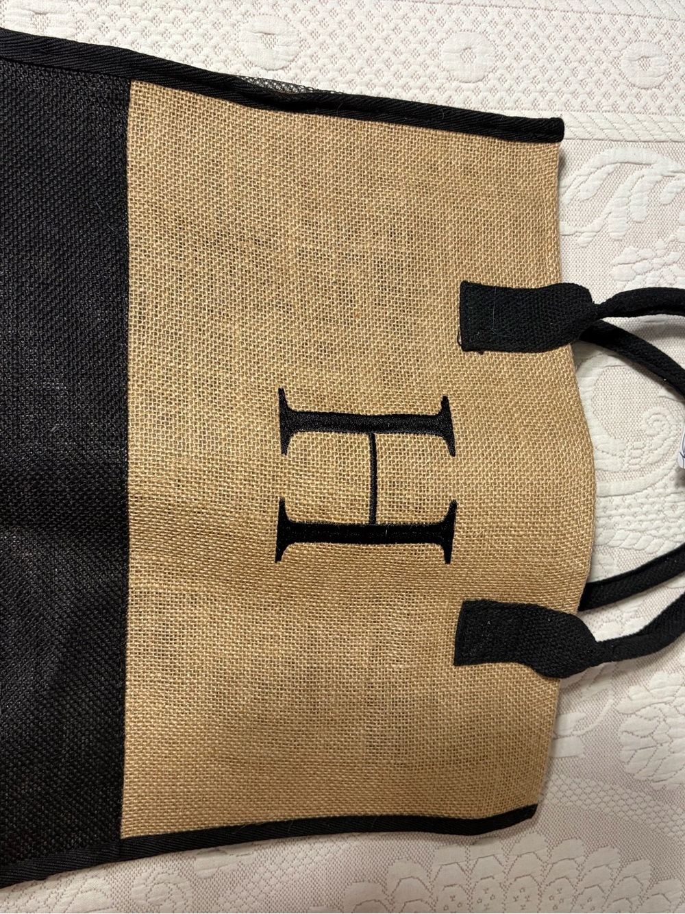 NWT Monogrammed H Black and Natural Jute Tote Bag w/ optional strap & pouch GIFT